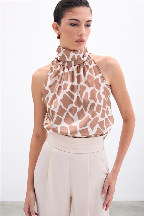 Boğazlı Kolsuz Bluz - Bej-Camel