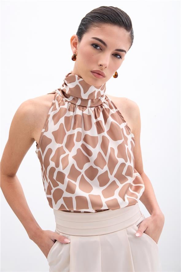 Boğazlı Kolsuz Bluz - Bej-Camel