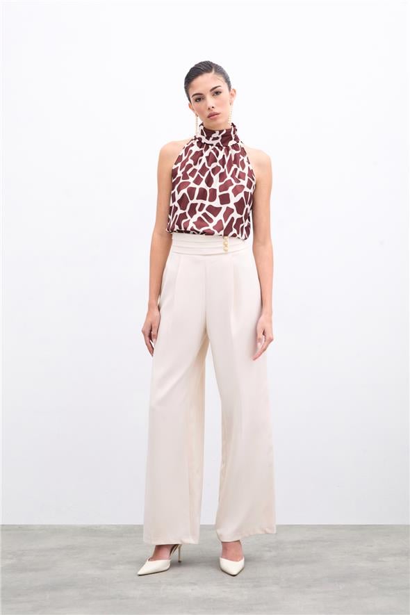 Boğazlı Kolsuz Bluz - Bej-Kahve