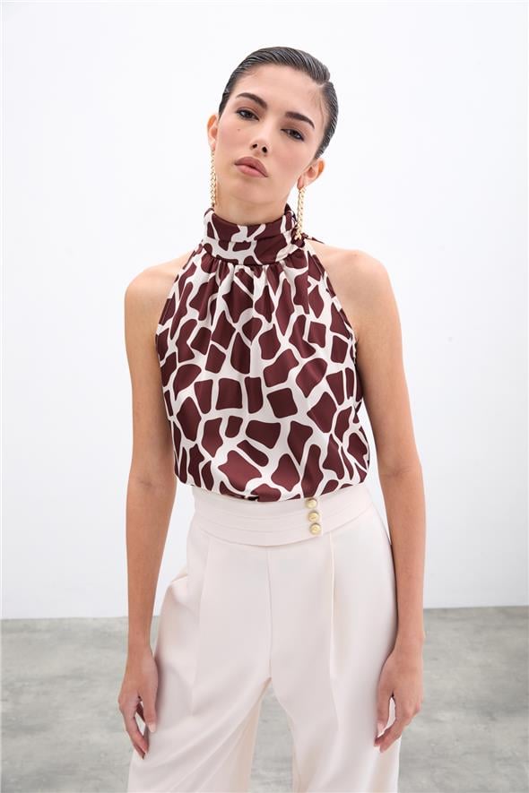 Boğazlı Kolsuz Bluz - Bej-Kahve