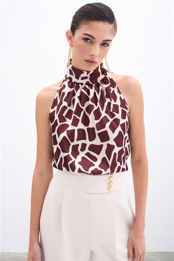 Boğazlı Kolsuz Bluz - Bej-Kahve