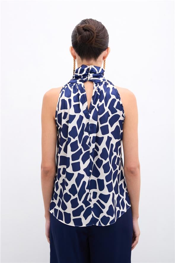 Boğazlı Kolsuz Bluz - Bej-Lacivert