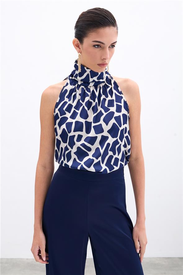 Boğazlı Kolsuz Bluz - Bej-Lacivert