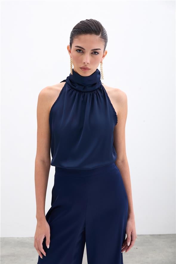 Boğazlı Kolsuz Bluz - Lacivert