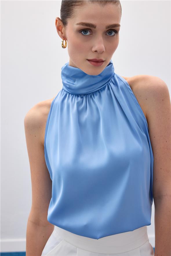 Boğazlı Kolsuz Bluz - Mavi