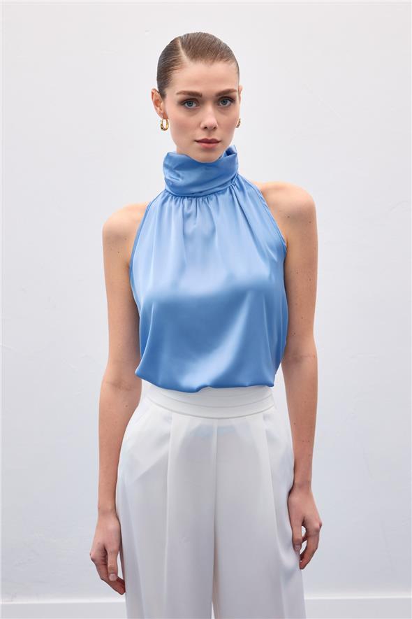Boğazlı Kolsuz Bluz - Mavi
