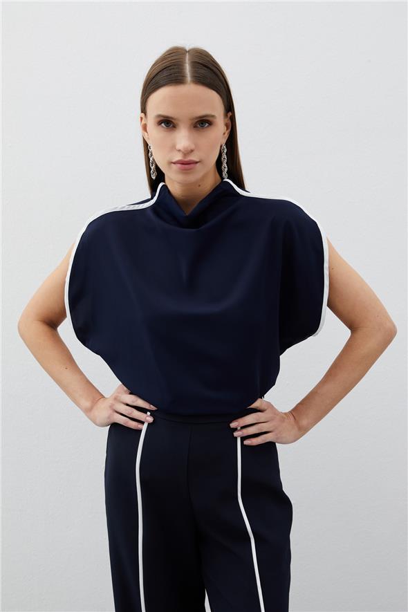 Boğazlı Kontrast Bluz - Lacivert