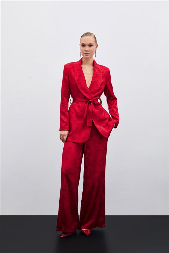 Bol Paça Desenli Pantolon - Kırmızı