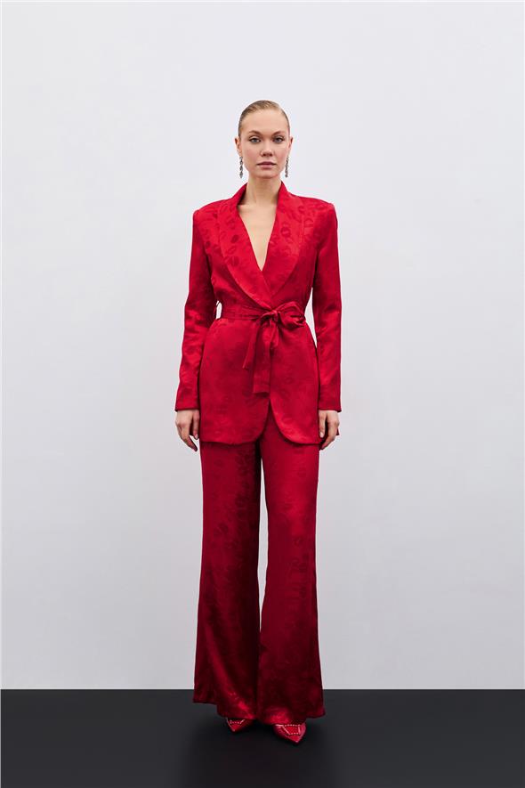 Bol Paça Desenli Pantolon - Kırmızı