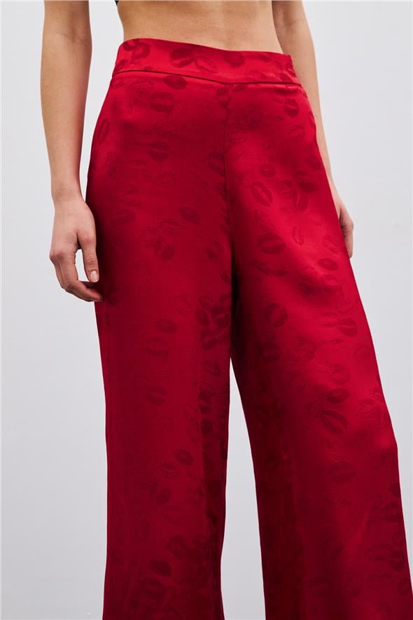 Bol Paça Desenli Pantolon - Kırmızı