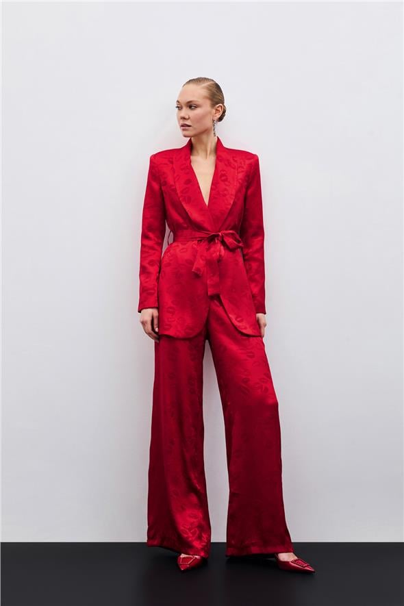 Bol Paça Desenli Pantolon - Kırmızı