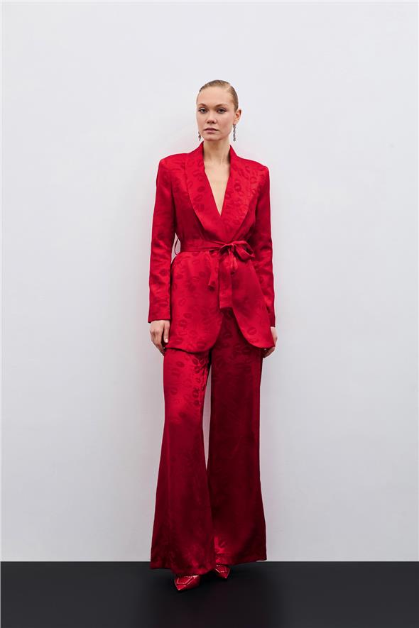 Bol Paça Desenli Pantolon - Kırmızı