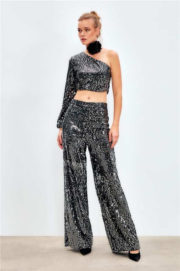Bol Paça Payetli Pantolon - Gümüş