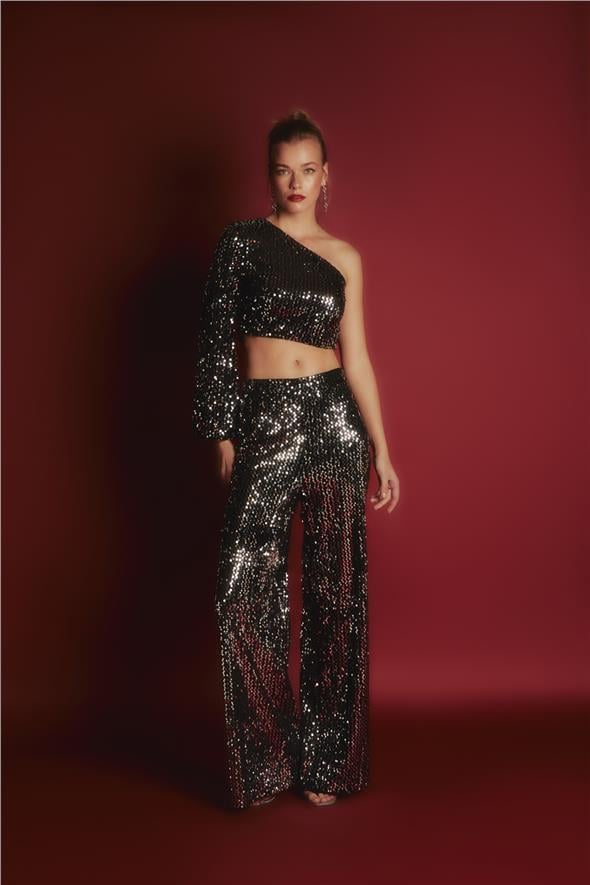 Bol Paça Payetli Pantolon - Gümüş