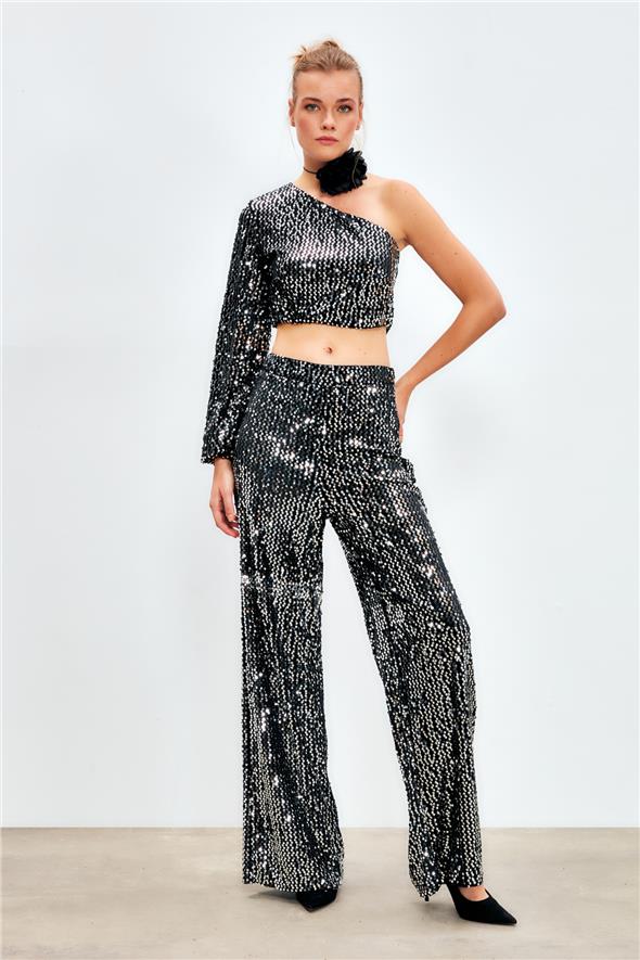 Bol Paça Payetli Pantolon - Gümüş