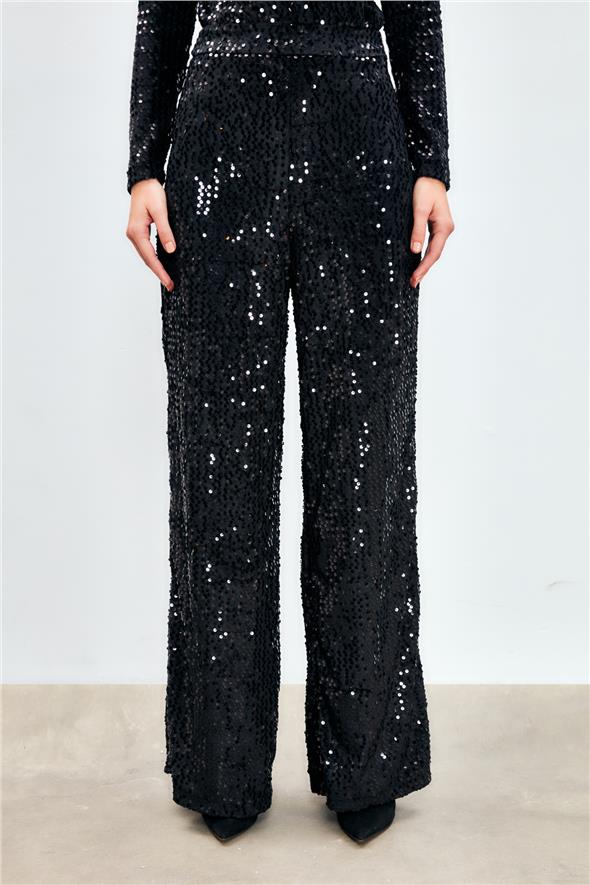 Bol Paça Payetli Pantolon - Siyah