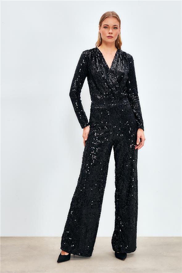 Bol Paça Payetli Pantolon - Siyah