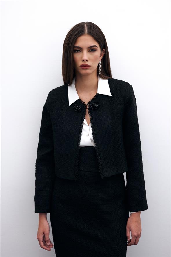 Boncuk Aksesuarlı Kısa Ceket - Siyah