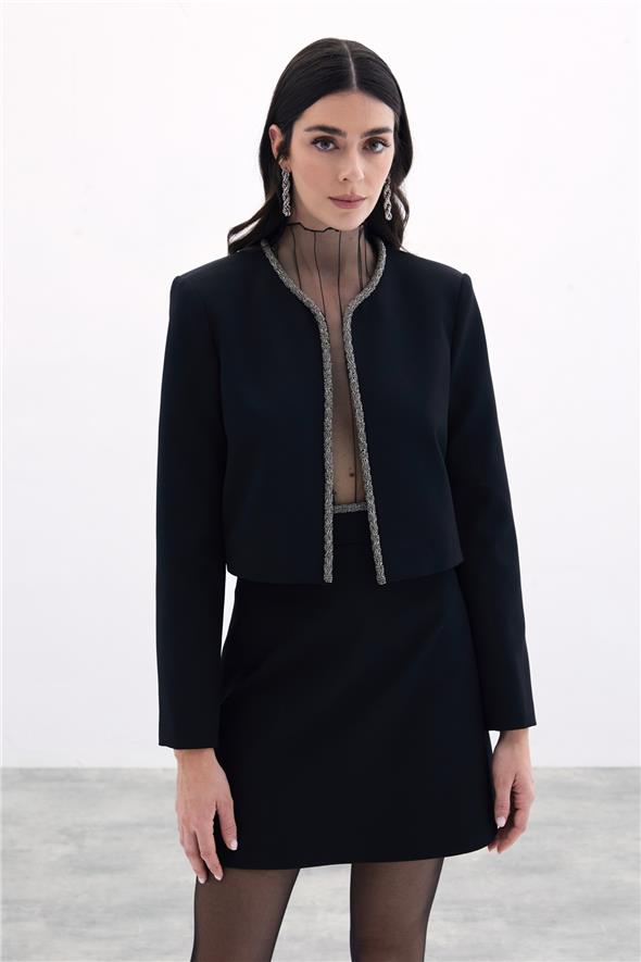 Boncuklu Kısa Ceket - Siyah
