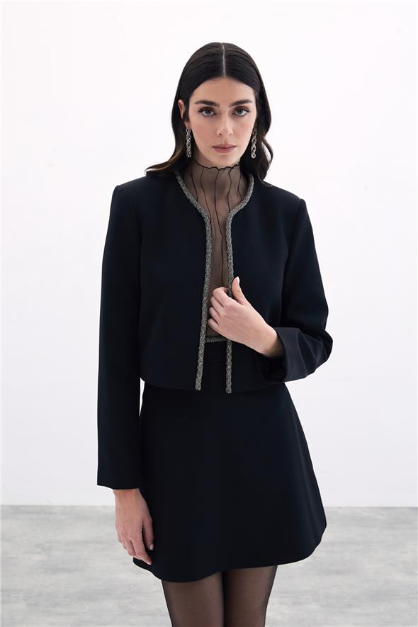Boncuklu Kısa Ceket - Siyah