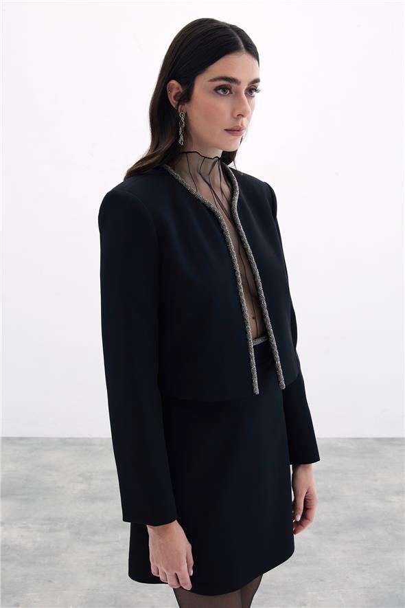 Boncuklu Kısa Ceket - Siyah
