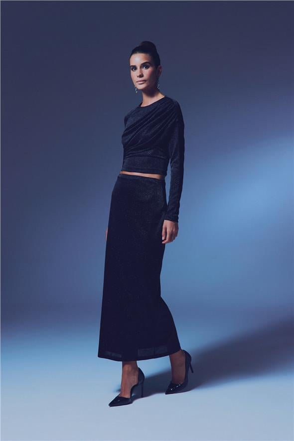 Büzgü Detaylı Simli Bluz - Siyah