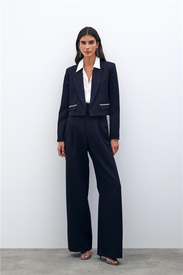 Cep Taş Detaylı Kısa Ceket - Lacivert