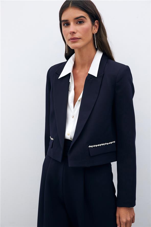 Cep Taş Detaylı Kısa Ceket - Lacivert