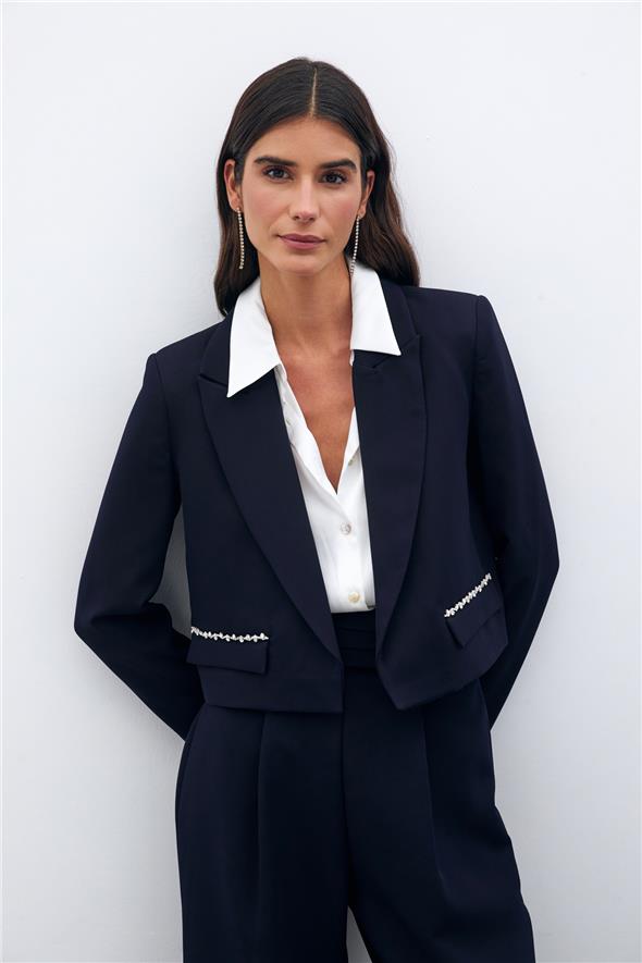 Cep Taş Detaylı Kısa Ceket - Lacivert