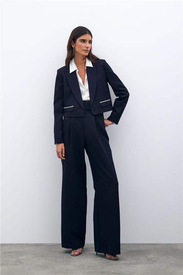 Cep Taş Detaylı Kısa Ceket - Lacivert