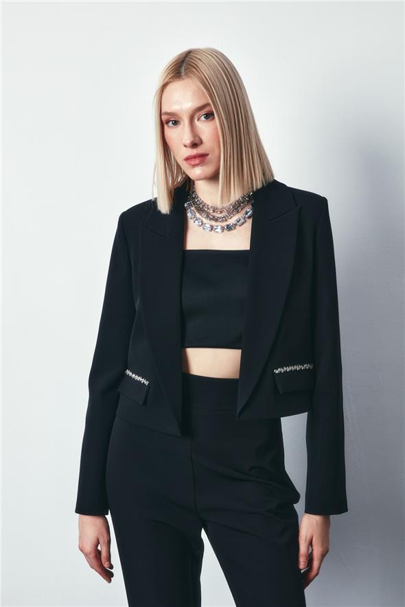 Cep Taş Detaylı Kısa Ceket - Siyah