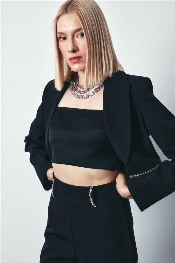 Cep Taş Detaylı Kısa Ceket - Siyah