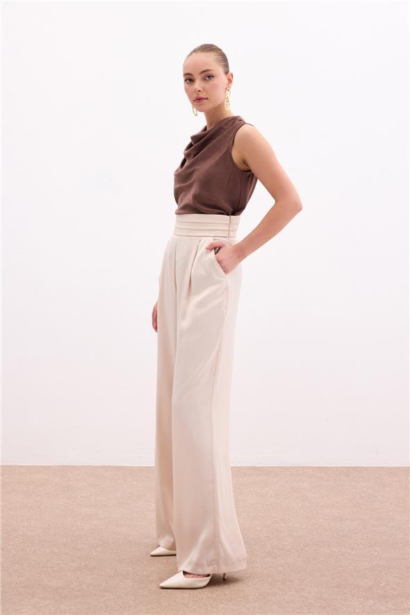 Cepli Salaş Saten Pantolon - BEJ