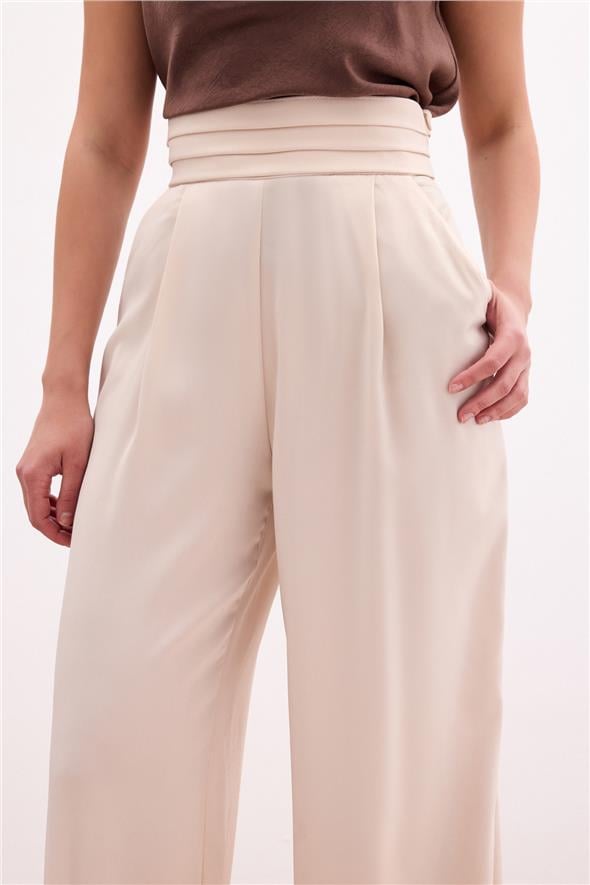 Cepli Salaş Saten Pantolon - BEJ
