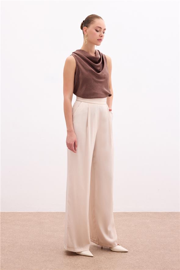 Cepli Salaş Saten Pantolon - BEJ
