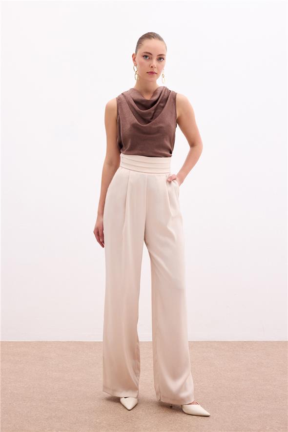 Cepli Salaş Saten Pantolon - BEJ