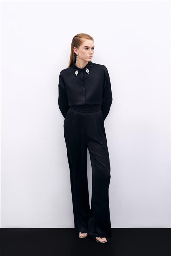 Cepli Salaş Saten Pantolon - SİYAH