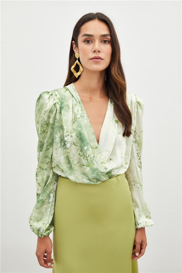 Çiçek Desenli Bodysuit Bluz - ÇAĞLA YEŞİLİ