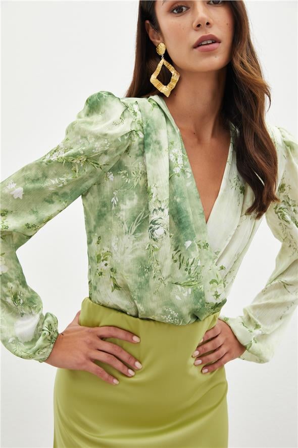 Çiçek Desenli Bodysuit Bluz - ÇAĞLA YEŞİLİ