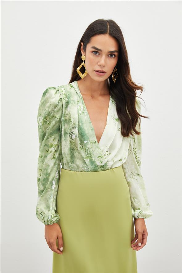 Çiçek Desenli Bodysuit Bluz - ÇAĞLA YEŞİLİ