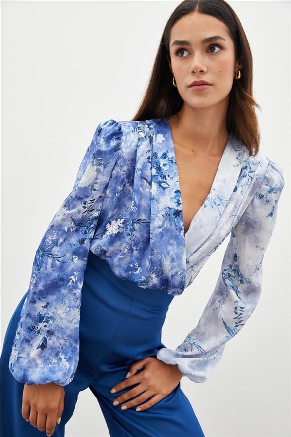 Çiçek Desenli Bodysuit Bluz - İNDİGO