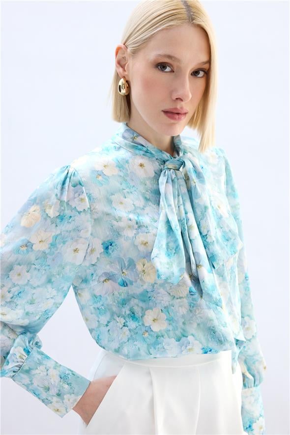 Çiçek Desenli Fularlı Gömlek - Mint