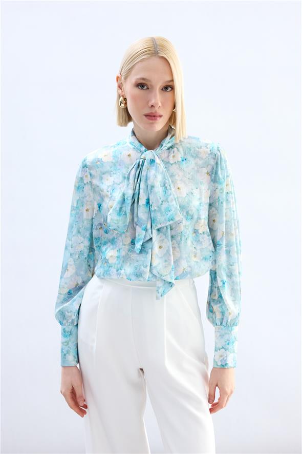 Çiçek Desenli Fularlı Gömlek - Mint