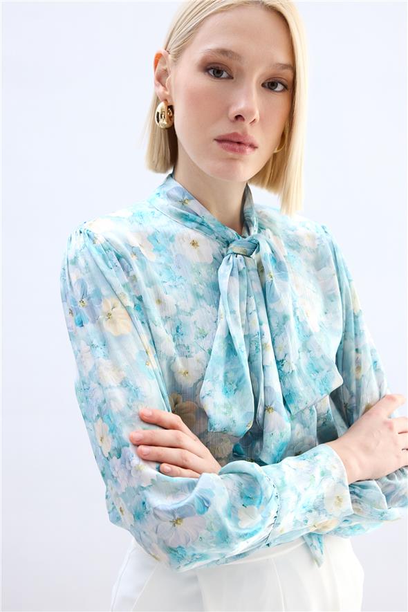 Çiçek Desenli Fularlı Gömlek - Mint