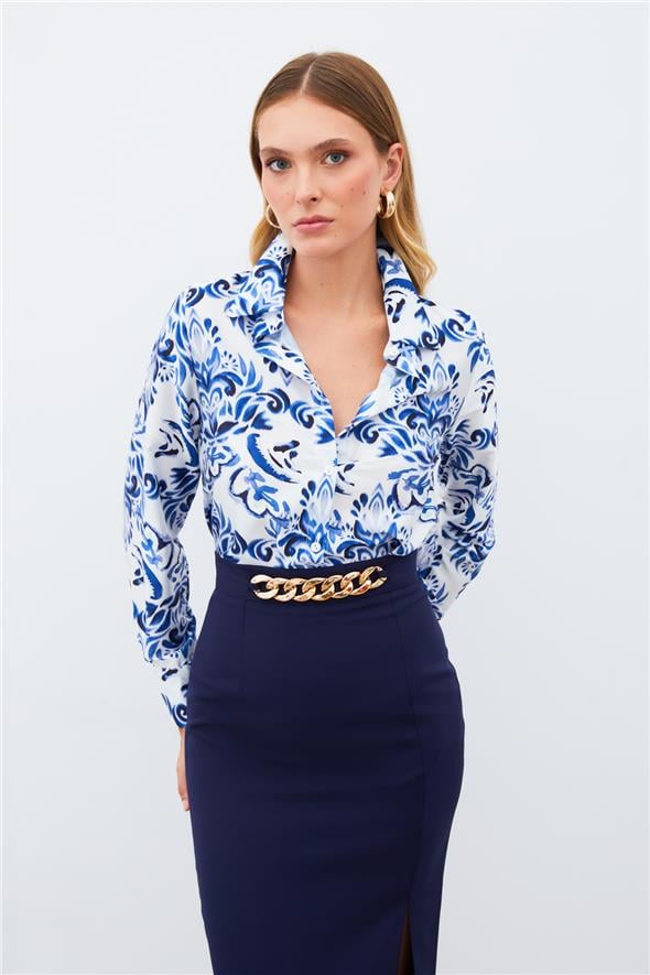 Çiçek Desenli Gömlek - Sax Mavi