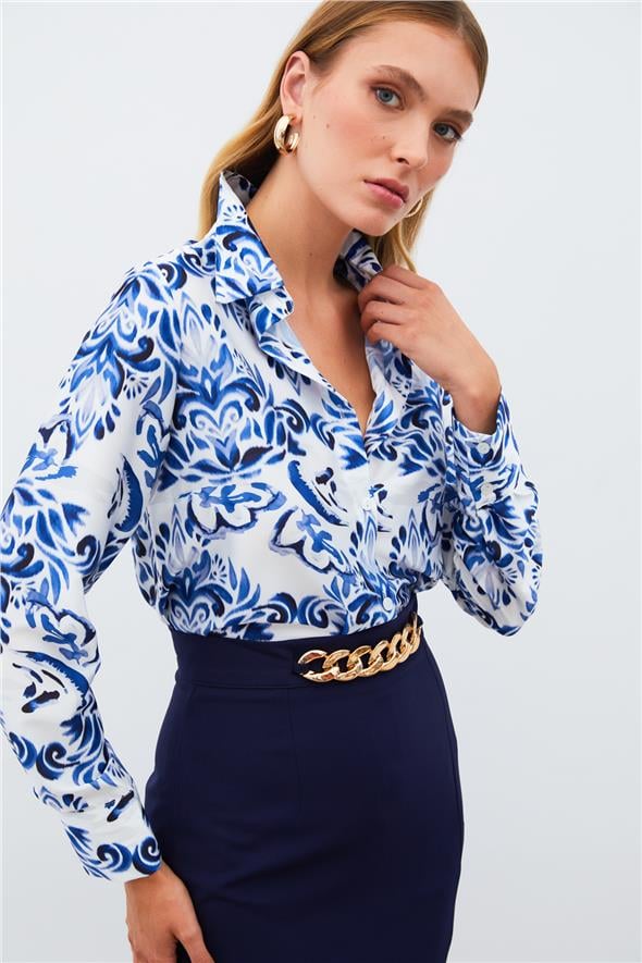 Çiçek Desenli Gömlek - Sax Mavi