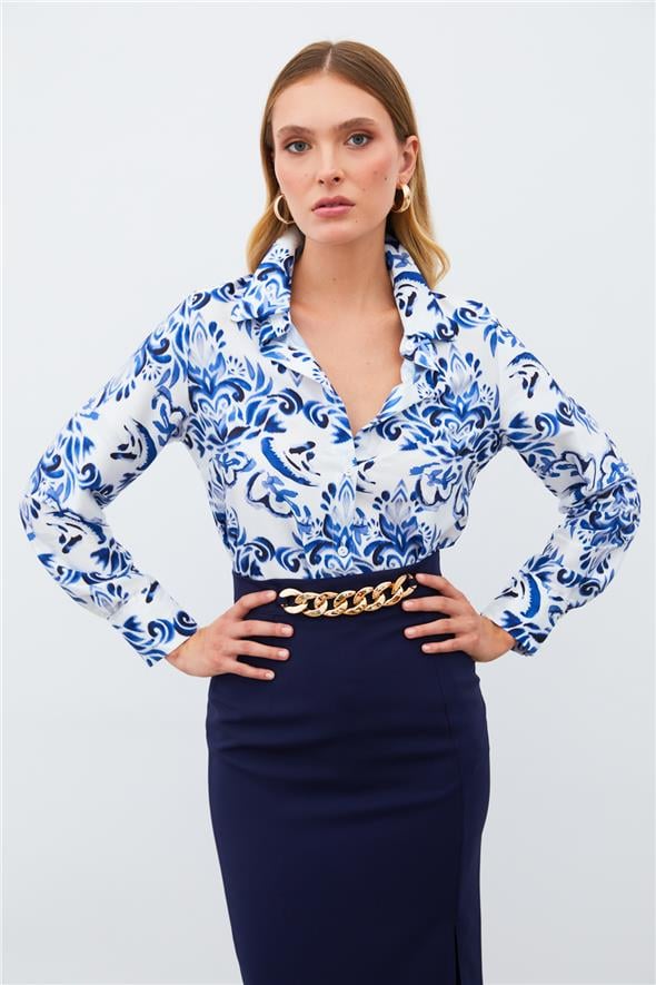 Çiçek Desenli Gömlek - Sax Mavi