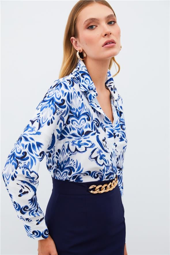 Çiçek Desenli Gömlek - Sax Mavi