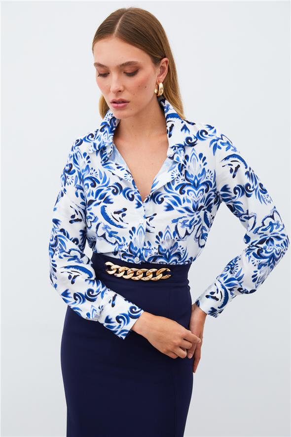 Çiçek Desenli Gömlek - Sax Mavi