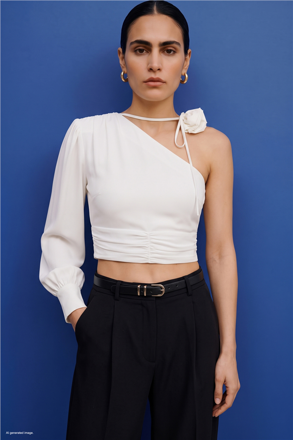 Çiçek Detaylı Bluz - Ekru